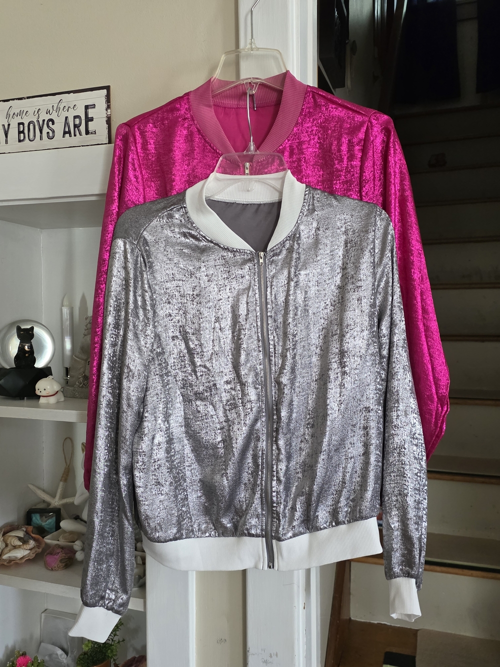 Source Unknown/maybe Shein Metallic Bomber Jacket - Silver and Hot Pink